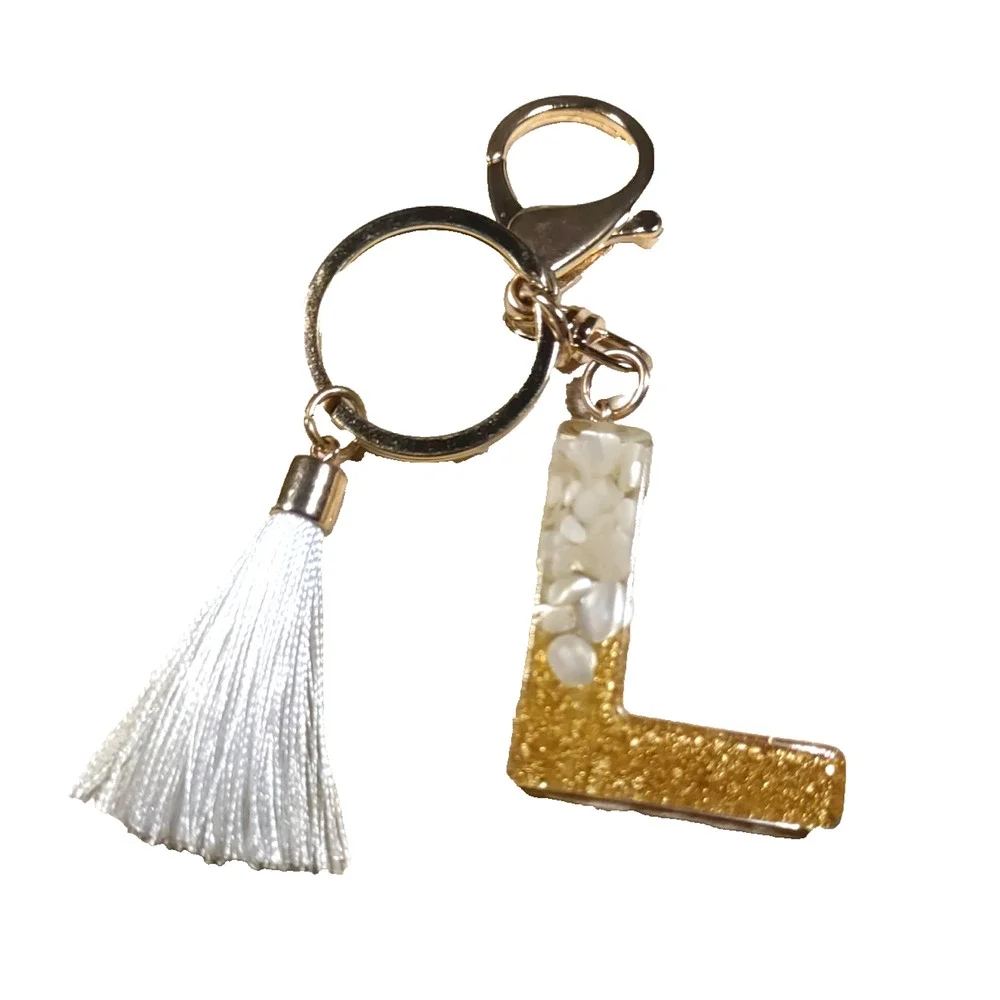 Keychain Purse Clip Initial L Gold Tone White Tassel Acrylic